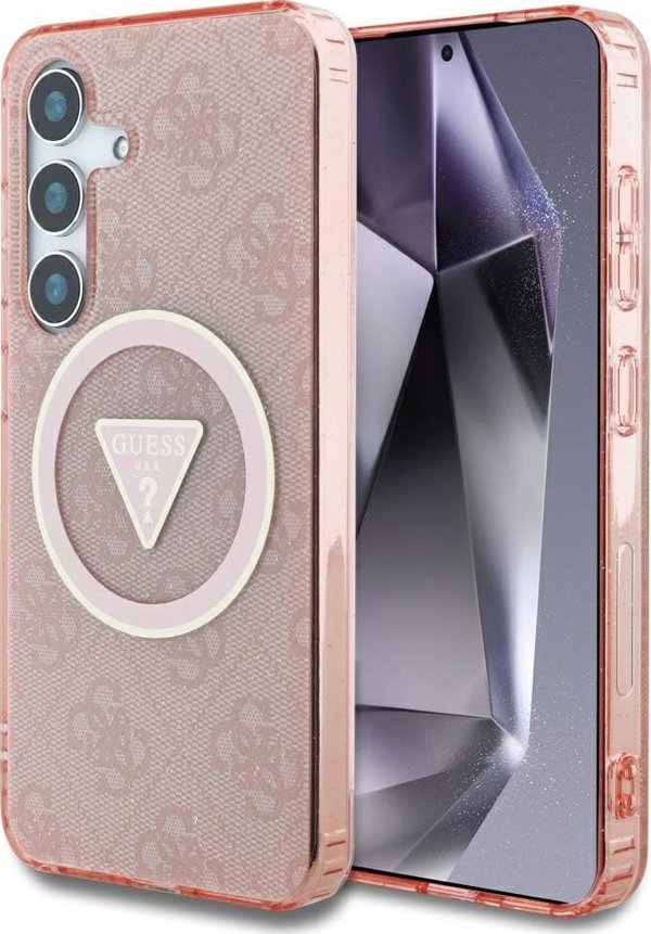 Θήκη Guess 4G Glitter Triangle Buttons MagSafe για Samsung Galaxy S25 Ροζ