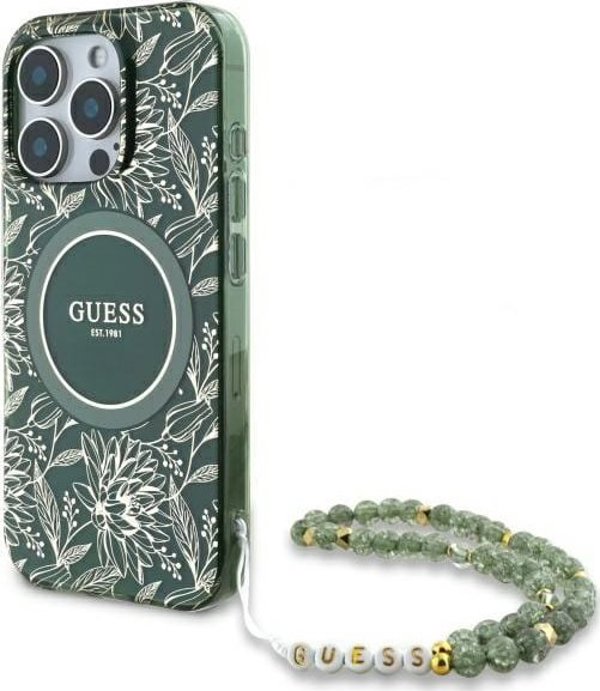 Guess GUHMP16XHCPOFPA iPhone 16 Pro Max 6.9" πράσινο/green σκληρή θήκη IML Flowers Allover Electro With Pearl Strap MagSafe
