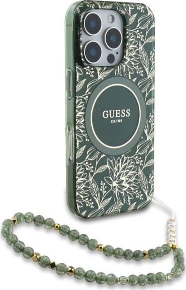 Guess GUHMP16XHCPOFPA iPhone 16 Pro Max 6.9" πράσινο/green σκληρή θήκη IML Flowers Allover Electro With Pearl Strap MagSafe