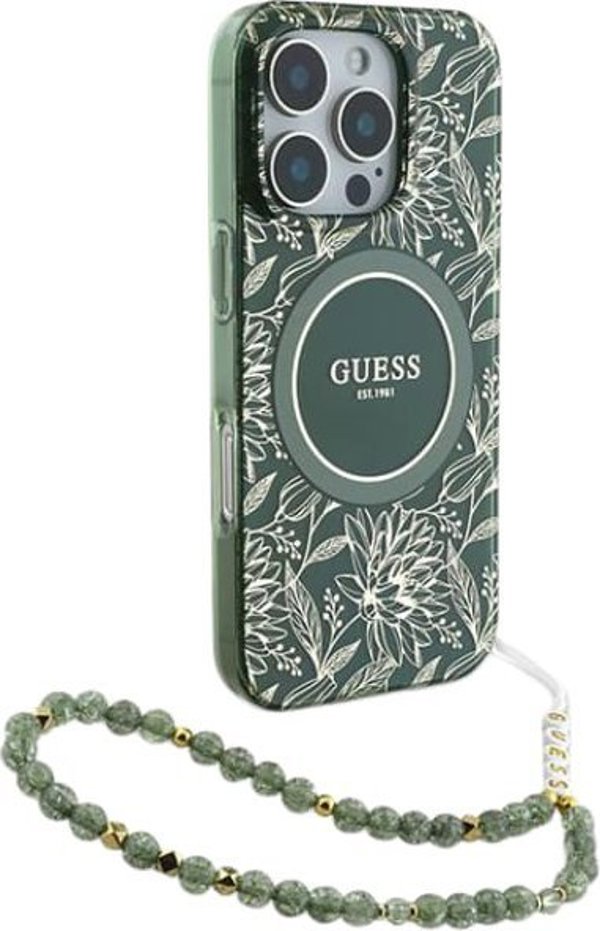 Guess GUHMP16XHCPOFPA iPhone 16 Pro Max 6.9" πράσινο/green σκληρή θήκη IML Flowers Allover Electro With Pearl Strap MagSafe