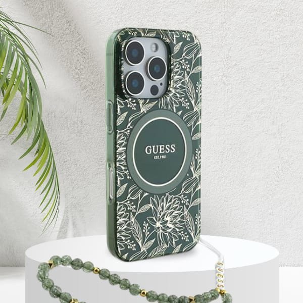 Guess GUHMP16XHCPOFPA iPhone 16 Pro Max 6.9" πράσινο/green σκληρή θήκη IML Flowers Allover Electro With Pearl Strap MagSafe