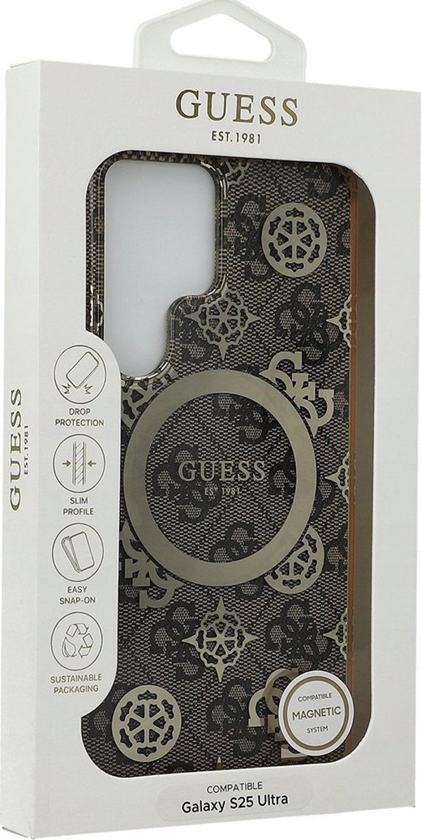 Θήκη MagSafe Guess 4G Background Gold Electroplated Peony Pattern για Samsung Galaxy S25 Ultra Καφέ