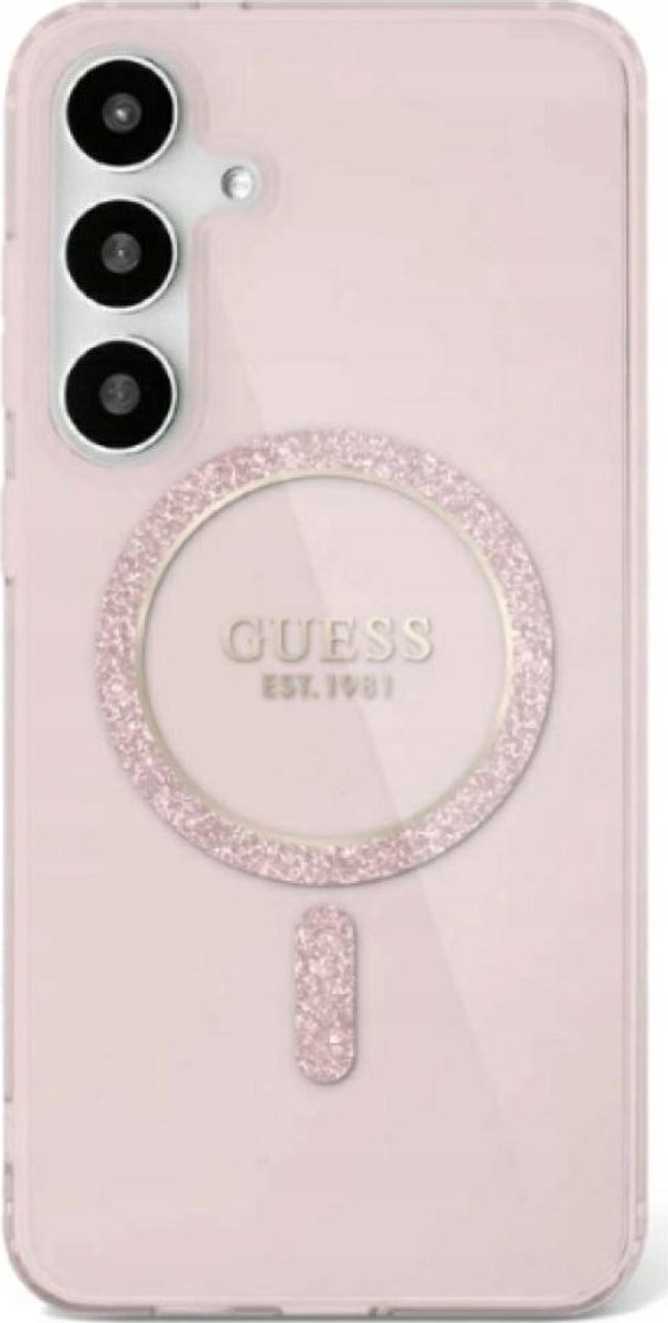 Guess Glitter Circle Classic Logo MagSafe Θήκη για Samsung Galaxy S25 Ροζ