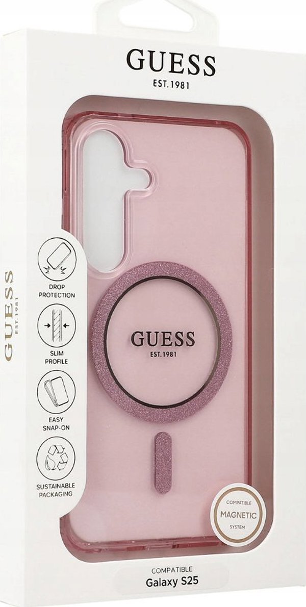 Guess Glitter Circle Classic Logo MagSafe Θήκη για Samsung Galaxy S25 Ροζ