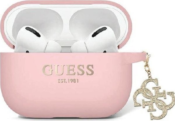 Guess Θήκη AirPods Pro 2 Liquid Silicone με ροζ γκλίτερ και τρίγωνο γούρι