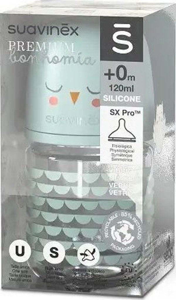Suavinex Μπιμπερό Γυάλινο Bonhomia SX Pro 120ml με Θηλή Αργής Ροής, Μέντα Κουκουβάγια