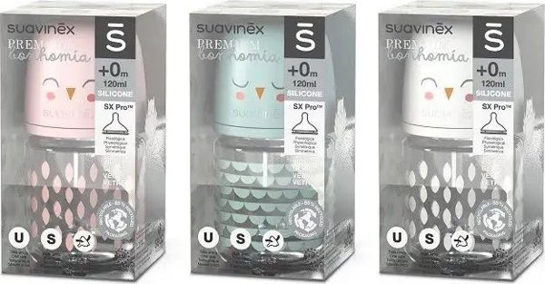 Suavinex Μπιμπερό Γυάλινο Bonhomia SX Pro 120ml με Θηλή Αργής Ροής, Μέντα Κουκουβάγια