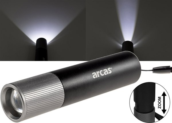 Arcas Φακός Χειρός 3W Επαναφορτιζόμενος USB-C, Μαύρος