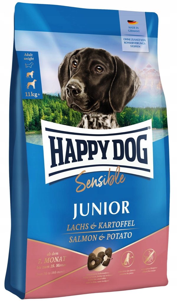 Happy Dog Sensible Junior ξηρή τροφή για σκύλους 7-18 μηνών, σολομός και πατάτα, 1 kg