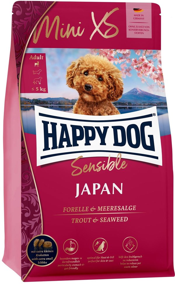 Happy Dog Mini XS Japan ξηρή τροφή για ενήλικα σκυλιά έως 5 kg με πέστροφα και άλγη 1,3 kg