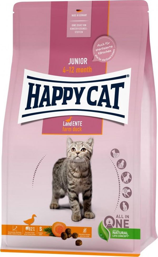 Happy Cat Junior Farm Duck, ξηρή τροφή, για γατάκια ηλικίας 4-12 μηνών, πάπια, χωρίς δημητριακά, 4 κιλά, σακούλα