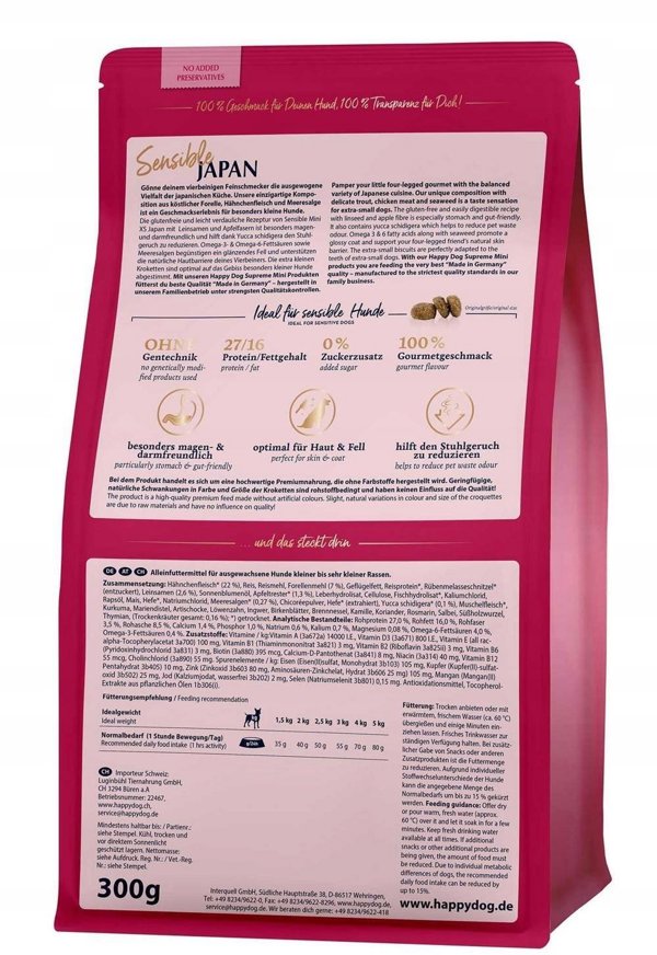 Happy Dog Mini XS Japan ξηρή τροφή για ενήλικους σκύλους έως 5 kg με πέστροφα και άλγη, 300 g