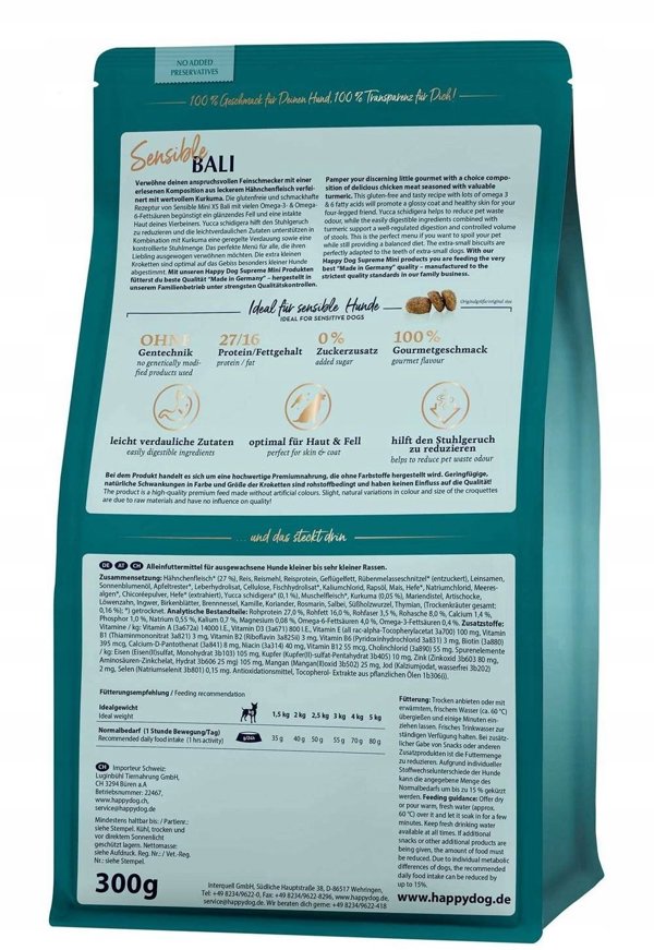 Happy Dog Mini XS Bali, ξηρά τροφή για ενήλικες σκύλους έως 5 kg, κοτόπουλο και κουρκουμάς, 300 g
