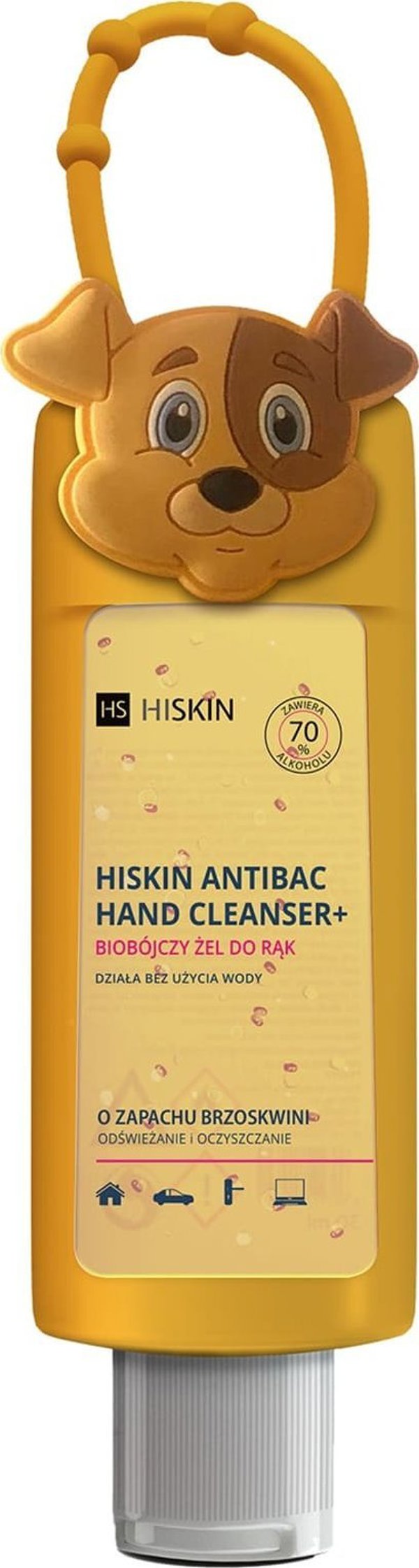 HiSkin HISKIN Αντιβακτηριδιακό Καθαριστικό Χεριών+ Βιοκτόνο Τζελ για τα χέρια με άρωμα ροδάκινου - σκυλάκι (μπουκάλι 75ml+θήκη)