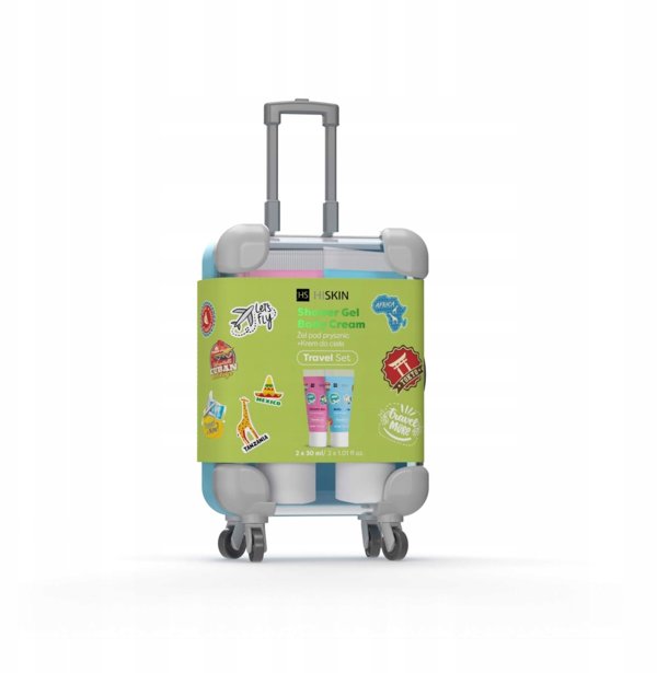 HISKIN Travel Set ταξιδιωτικό σετ σε μίνι βαλίτσα (κρέμα σώματος 30ml + αφρόλουτρο 30ml)