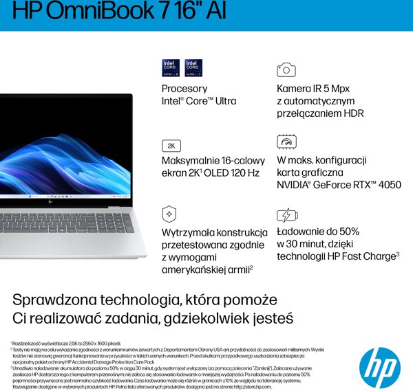 HP OmniBook 7 AI 16-ay0216nw Intel Core Ultra 7 255H Laptop 40,6 cm (16") Ekran dotykowy 2K 32 GB DDR5-SDRAM 1 TB SSD NVIDIA GeForce RTX 4050 Wi-Fi 7 (802.11be) Windows 11 Home AI PC Srebrny
