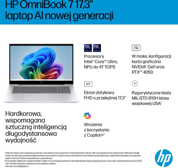 HP OmniBook 7 Next Gen AI 17-dc0216nw Copilot+ PC Intel Core Ultra 7 258V Laptop 43,9 cm (17.3") Ekran dotykowy Full HD 32 GB LPDDR5x-SDRAM 1 TB SSD NVIDIA GeForce RTX 4050 Wi-Fi 7 (802.11be) Windows 11 Home Srebrny