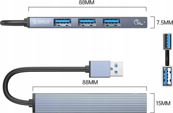 Orico Hub USB 4 Θυρών, 5Gbps, 1xUSB-A 3.1 & 3xUSB-A 2.0, Αλουμινένιο