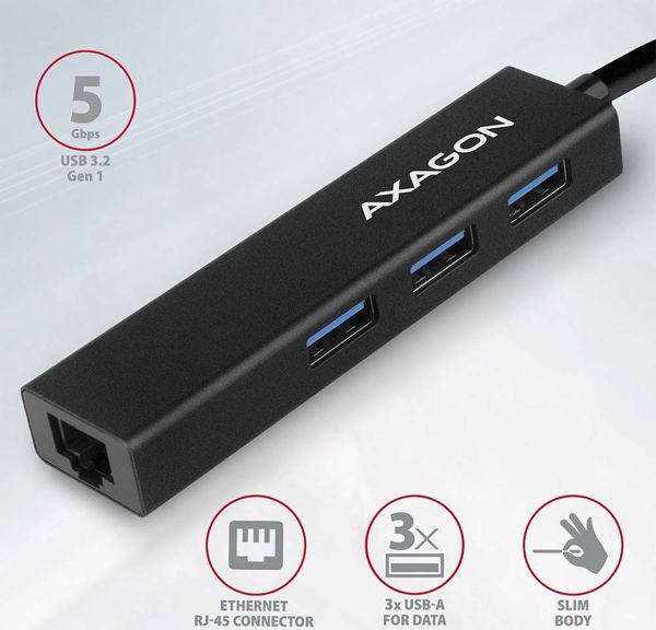 Axagon HMA-GL3A USB Hub 3.2 Gen1 με 3 Θύρες USB-A και Θύρα Ethernet Gigabit RJ-45, Μεταλλικό
