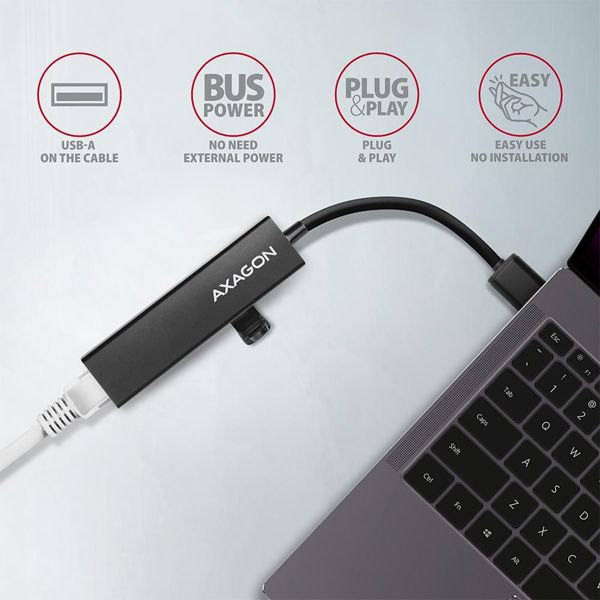 Axagon HMA-GL3A USB Hub 3.2 Gen1 με 3 Θύρες USB-A και Θύρα Ethernet Gigabit RJ-45, Μεταλλικό