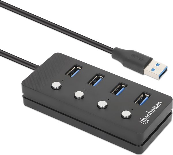 HUB USB Manhattan MANHATTAN 4-Port USB 3.0 Hub USB-A-Stecker σε 4x USB-A-υποδοχές 5 Gbit/s 1,5 m καλώδιο διακόπτης για κάθε θύρα τροφοδοσία μέσω USB/τροφοδοτικού