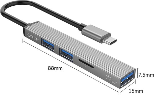Orico USB Hub 3.0 AH-12F-GY, 3 Θύρες USB-A & Αναγνώστης Καρτών TF, Γκρι