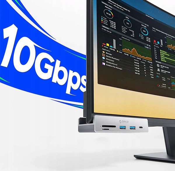 HUB montowany na zacisk input: USB-C / output: 2x USB-A 3.2 + 1x USB-C 3.2 + 1x SD&TF - srebrny