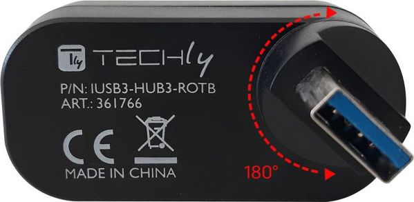 Techly USB Hub 3x USB-A 3.0, Περιστρεφόμενος Διανομέας Θυρών για Laptop και Smartphone (IUSB3-HUB3-ROTB)