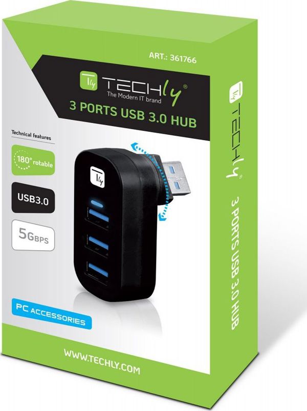 Techly USB Hub 3x USB-A 3.0, Περιστρεφόμενος Διανομέας Θυρών για Laptop και Smartphone (IUSB3-HUB3-ROTB)