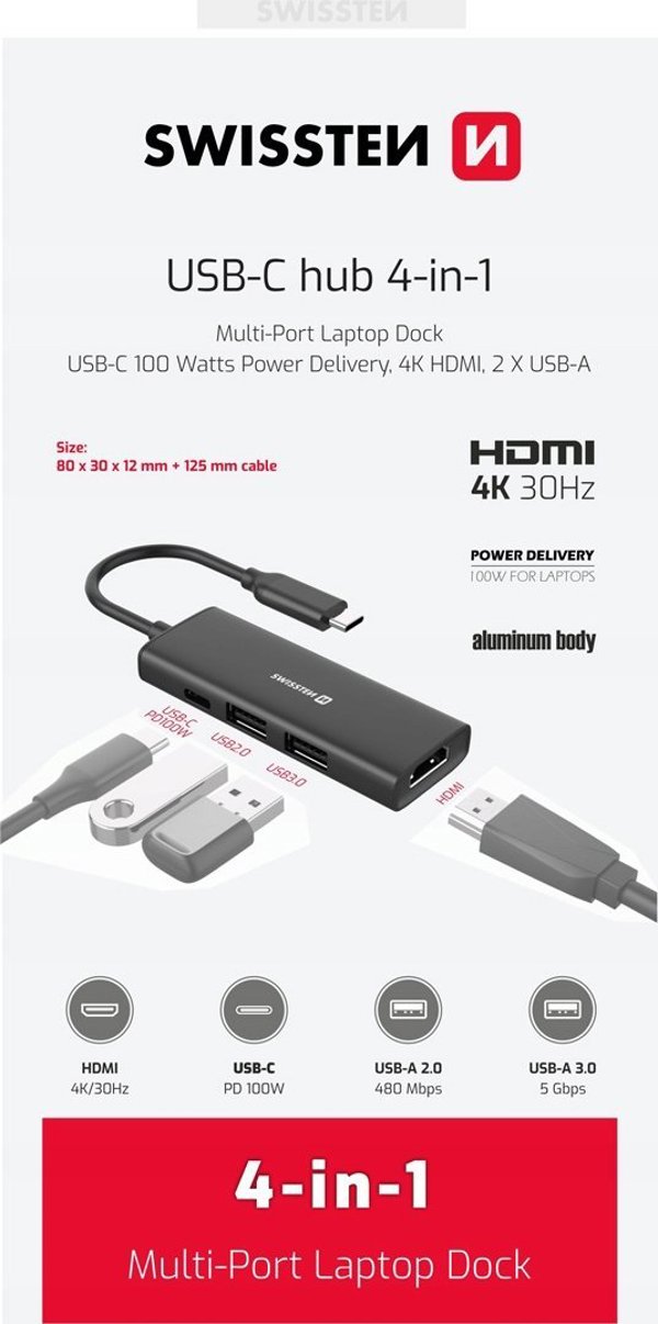 HUB USB Swissten 4in1 USB-C Hub Stacja dokujaca laptopa z wieloma portami USB-C 100W HDMI 4K 2x USB-A