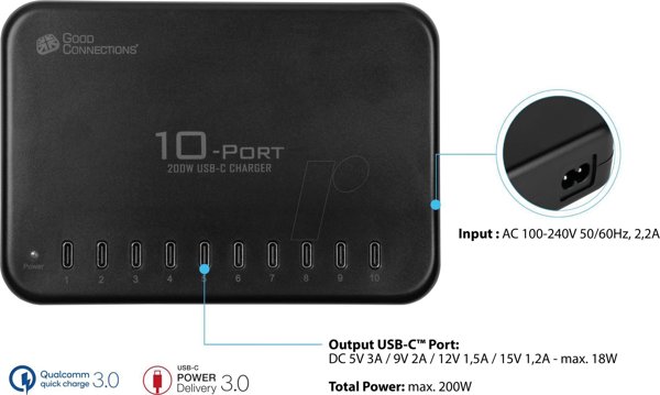 HUB USB Good Connections Good Connections USB-Desktop-Schnellladestation 200W 10Port