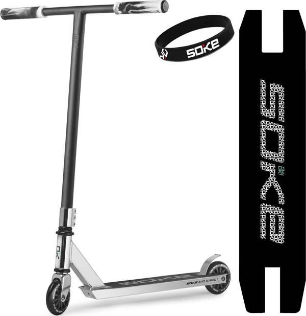Soke EVO Street Stunt Scooter, Ασημί, Τιμόνι 57cm, ABEC-9, Τροχοί 100mm, Με Φρένο Flex Fender
