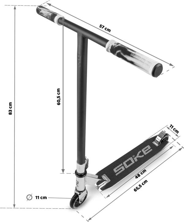 Soke EVO Street Stunt Scooter, Ασημί, Τιμόνι 57cm, ABEC-9, Τροχοί 100mm, Με Φρένο Flex Fender