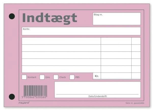 Indtægtsbilag Mayland, 148 x 100 mm, 2 huller, rosa 100 ark