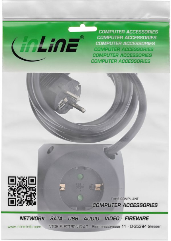 InLine InLine® Charging Cube, 3x earthing contact, 2x USB-C, 2x USB-A, black, 2m