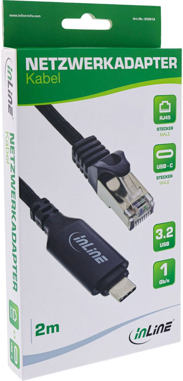 InLine® USB 3.2 Netzwerkadapter Kabel, Gigabit, USB-C zu RJ45 Stecker, 2m