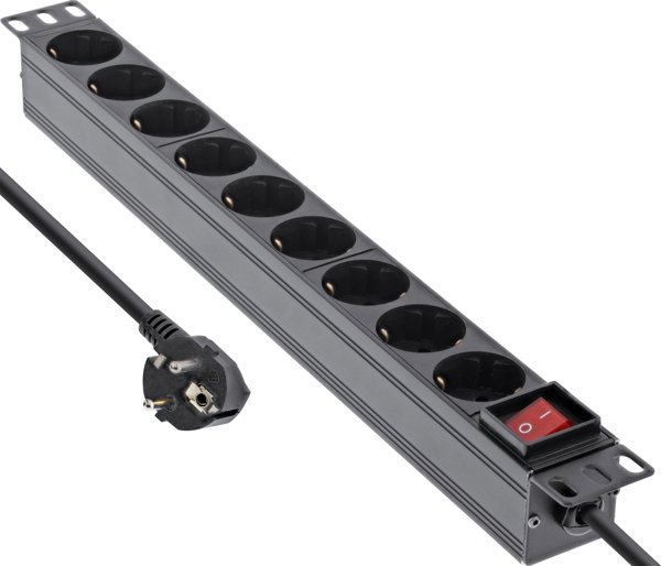 InLine 19" Socket strip, 9-way protective contact, with switch, 2m, black