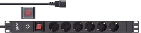 InLine InLine® 19" Socket strip, 6-way protective contact, C14 connection, overload protection, switch, 2m, black
