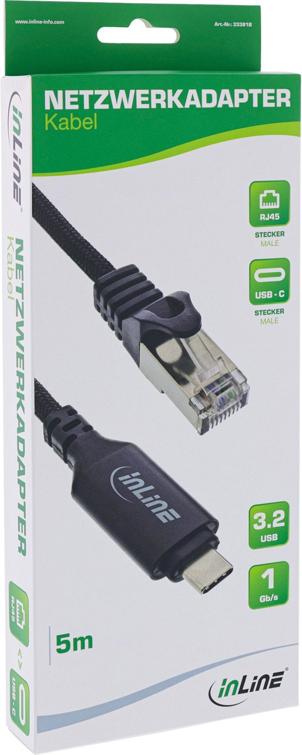 InLine® USB 3.2 Netzwerkadapter Kabel, Gigabit, USB-C zu RJ45 Stecker, 5m