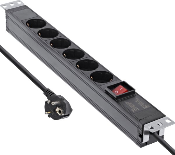 InLine 19" socket strip, 6-way protective contact, with switch, 2m, black