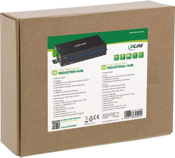 InLine Industrial USB Hub 3.2 Gen 1, 7 Θύρες, 5 Gbps, Αλουμινένιο Περίβλημα, DIN Rail Mount, Μοντέλο 33456B, Μαύρο