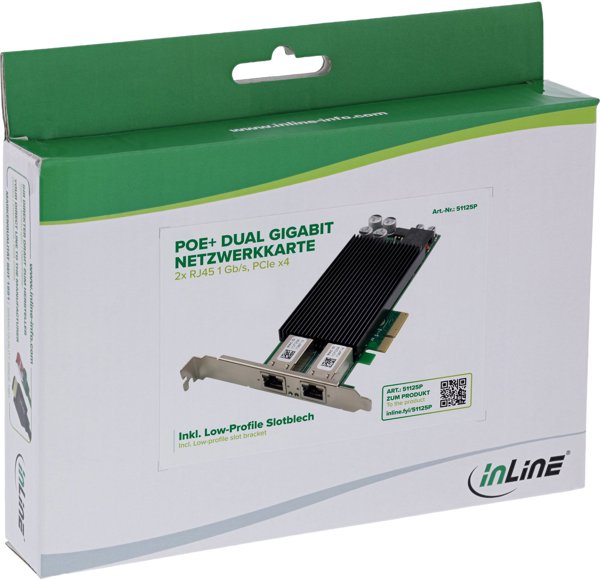 InLine® Dual Gigabit Netzwerkkarte, 2x RJ45 1 Gb/s, PCIe x4, PoE+