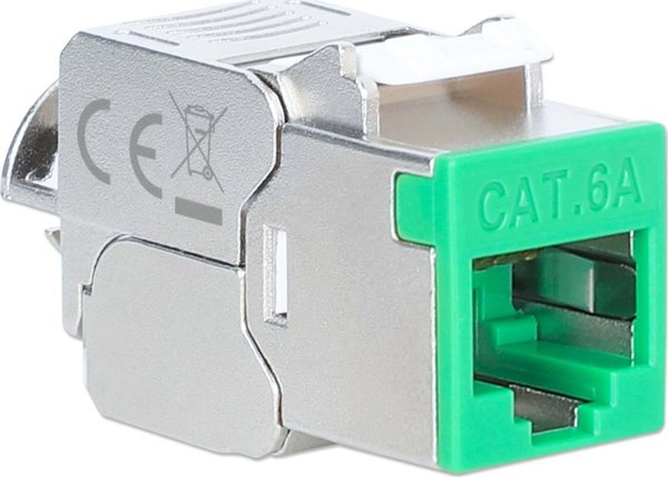 Intellinet Network Solutions INTELLINET Cat6a 10G Slimline Keystone-Modul STP χωρίς εργαλεία με κλιπ για συμπαγές καλώδιο, επιχρυσωμένες επαφές, μεταλλικό περίβλημα, πράσινο