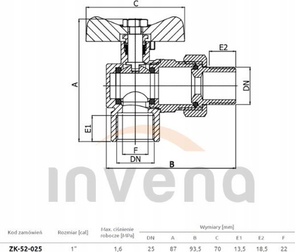 Invena ΒΑΛΒΙΔΑ ΝΕΡΟΥ ΓΩΝΙΑΚΗ ΜΕ ΣΠΕΙΡΩΜΑ DN-25 ΚΟΚΚΙΝΗ