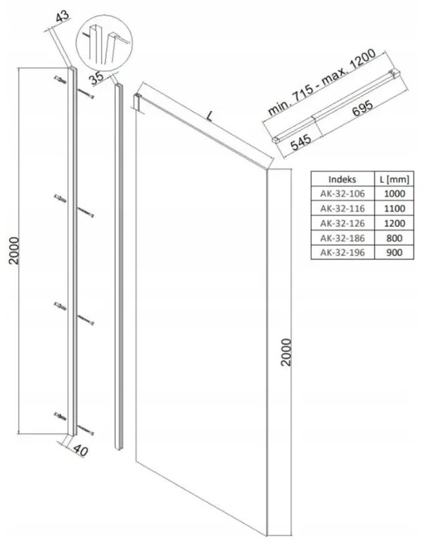 Invena INVENA TREND WALK-IN 100X200 CZARNY