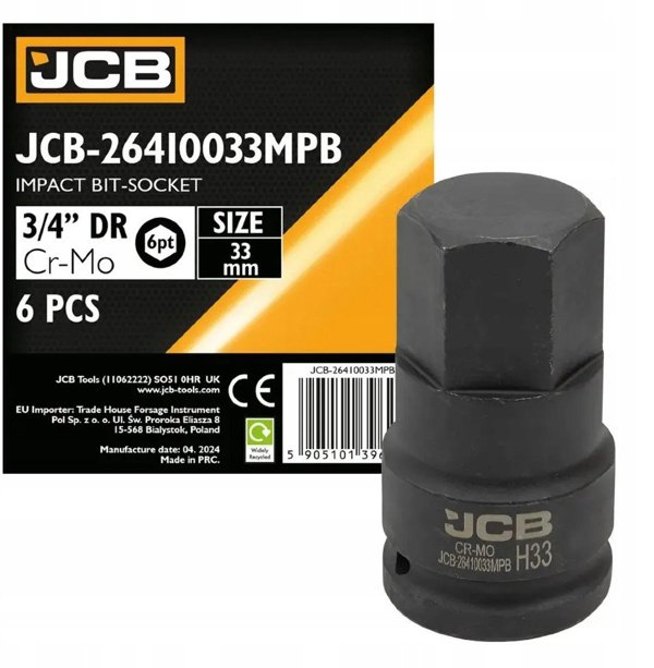 JCB Κρουστικό Καρυδάκι 33mm, Υποδοχή 3/4", 6-γωνιακό, Ατσάλινο