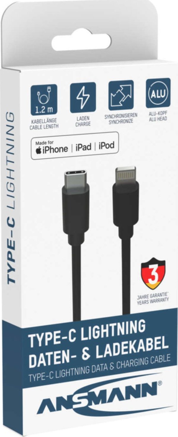 Kabel USB Ansmann USB-C - Lightning 1.2 m Czarny (1700-0106)