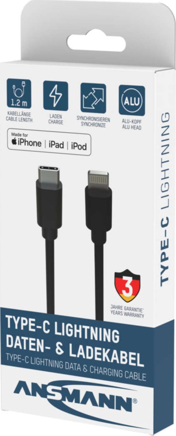 Kabel USB Ansmann USB-C - Lightning 1.2 m Czarny (1700-0106)