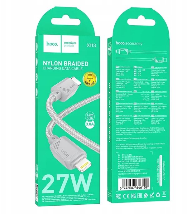 Kabel USB C do Lightning Hoco PD 27W 1 m X113 szary