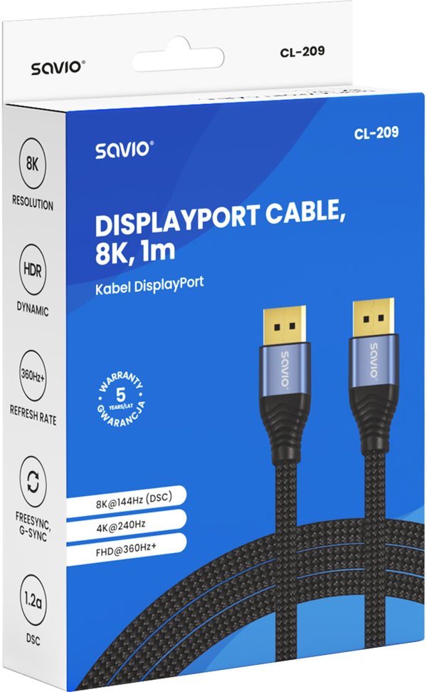 Καλώδιο DisplayPort 2.1 Savio CL-209, 1m, Μαύρο